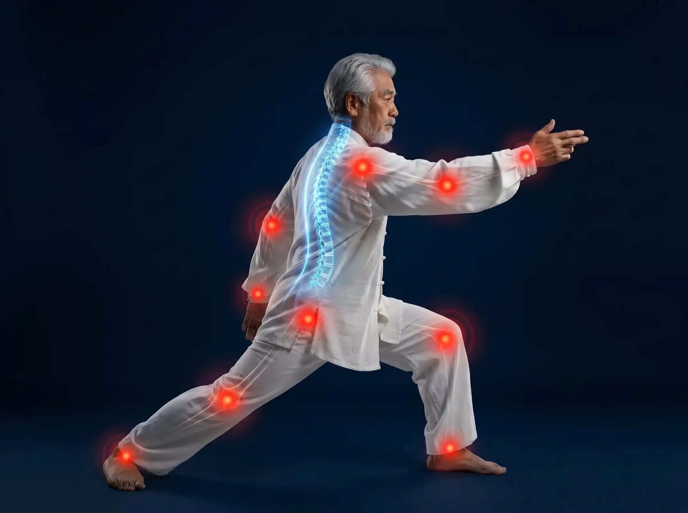 Homem fazendo tai chi com pontos de luz laranja nas articulações