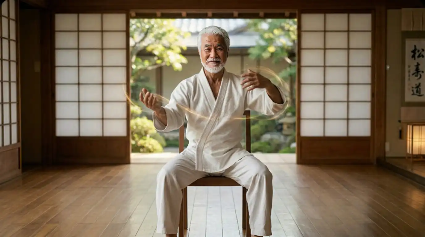 Mestre tai chi sentado em ambiente japonês